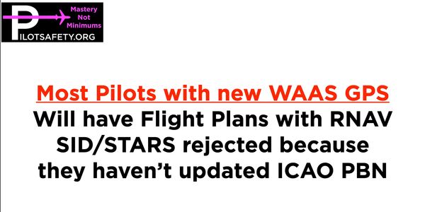Warning about WAAS GPS pilots' flight plan rejections.