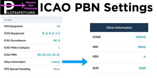 Screenshot showing ICAO PBN settings in a flight filing form.
