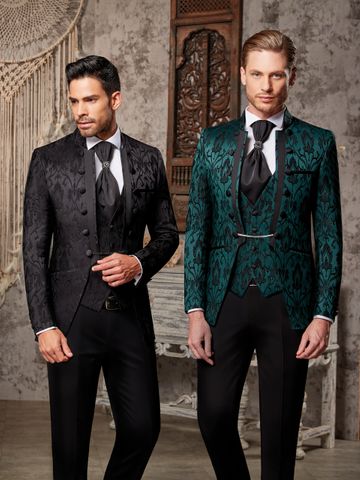 3 piece tuxedos embroidered silk woven black and green 