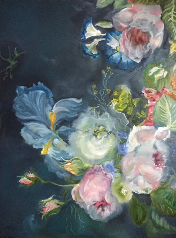 Flowers, blues and pinks, original oil painting