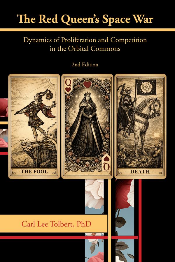 Book cover showing tarot cards The Fool, Queen of Hearts, and Death for 'The Red Queen's Space War'.