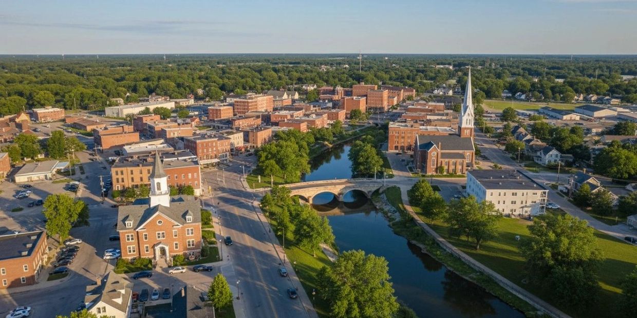 View of downtown Middlebury, Indiana from a drone.