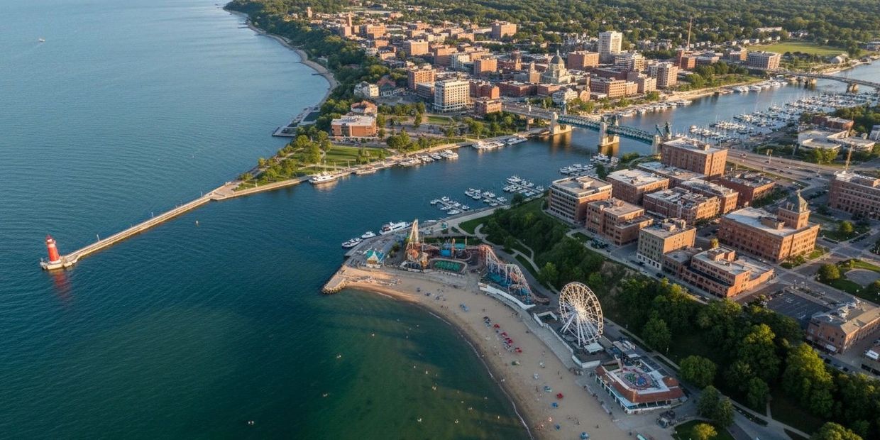 Aerial view of St Joseph, Michigan near the beaches and pier