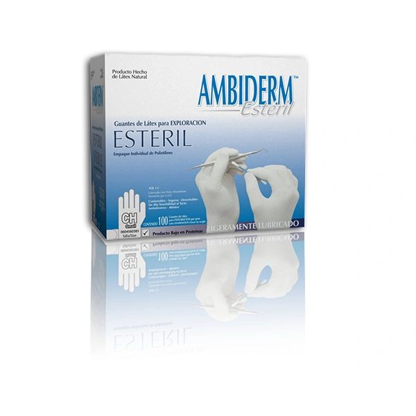 GUANTE DE LATEX ESTERIL ACABADO LISO BAJO EN COLOR NATURAL TALLA CHICA CON 100