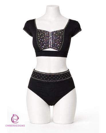 Black two-piece bikini with colorful rhinestone embellishments.