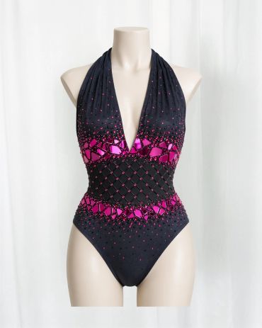 Black and pink embellished one-piece swimsuit.