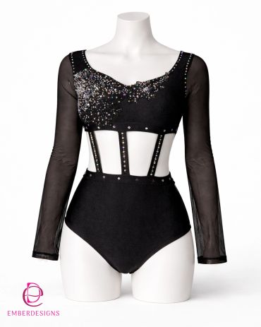 Black bodysuit with sparkling embellishments and sheer sleeves.