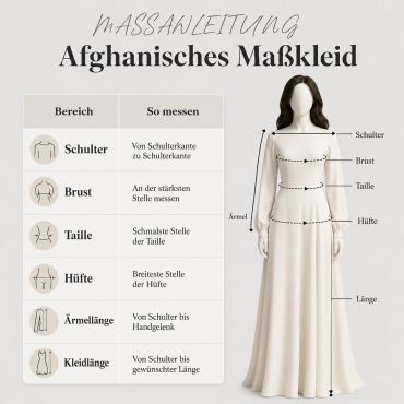 Maßanleitung für ein afghanisches Maßkleid mit Messbereichen und Anweisungen.