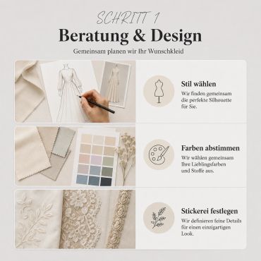 Designberatung für Ihr Wunschkleid mit Stil, Farben und Stickerei.