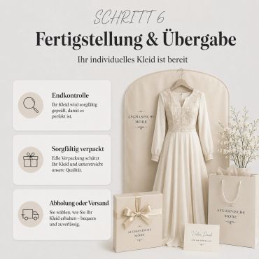 Abschlussprozess für ein maßgeschneidertes Kleid mit sorgfältiger Prüfung, Verpackung und Lieferung.