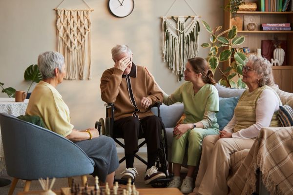 Elderly man upset in wheelchair with supportive visitors.