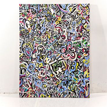 Colorful abstract graffiti-style painting full of chaotic shapes and symbols.