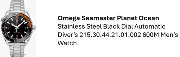 Omega Seamaster Planet Ocean stainless steel dive watch with black dial and orange accents.