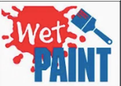Sign indicating wet paint with a red paint splatter and brush.