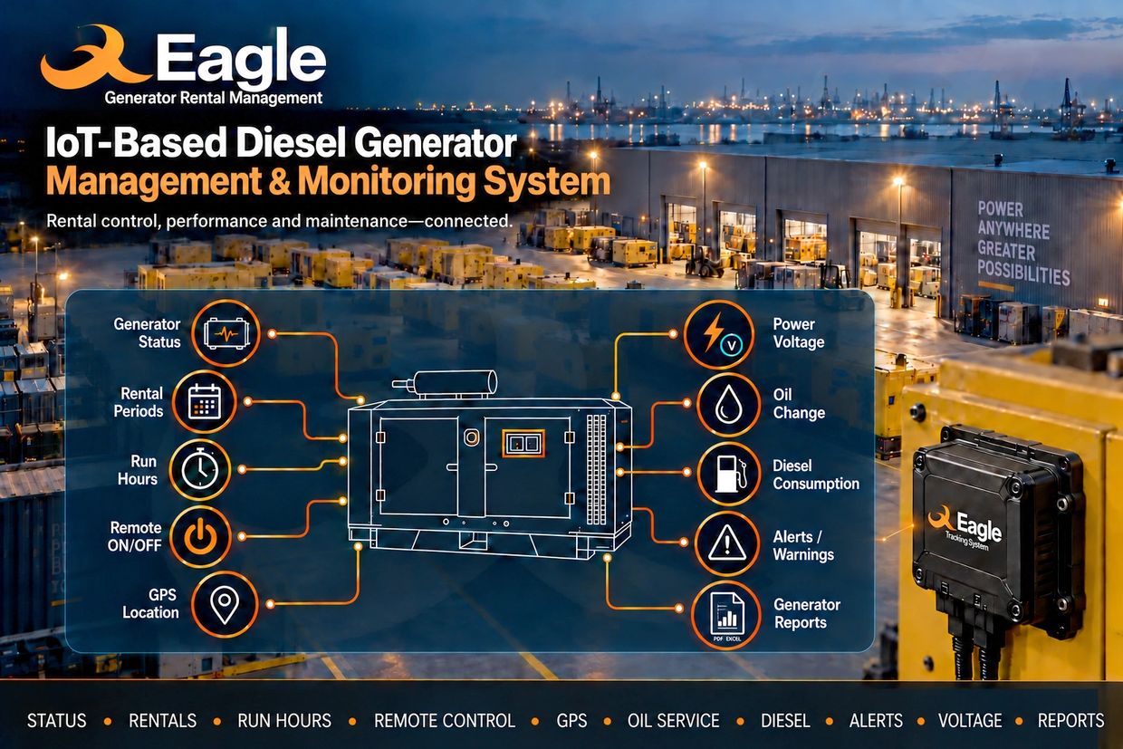 Eagle IoT diesel generator monitoring system with rental management, maintenance, control and report