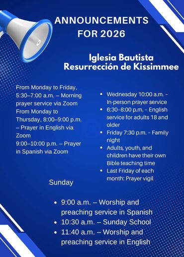 Church announcements for Iglesia Bautista Resurrección de Kissimmee in 2026.
