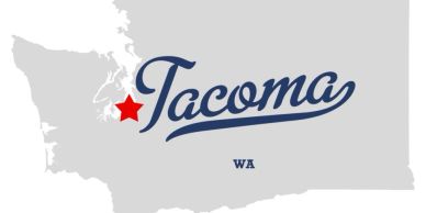 Map highlighting Tacoma, Washington with a red star.