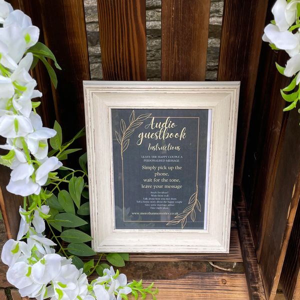 audio guestbook instructions in white rustic photo frame