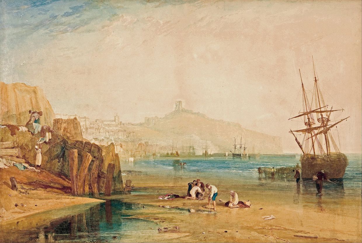 A coastal scene with people, ships, and a distant town under a soft sky.