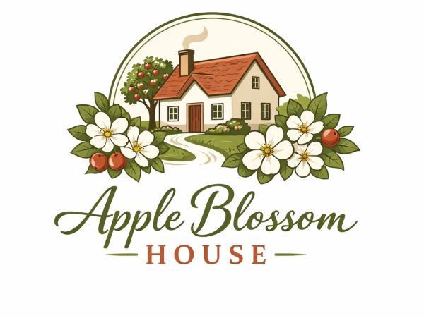 Vintage logo of Apple Blossom House with a cozy house, apple tree, and blossoms.