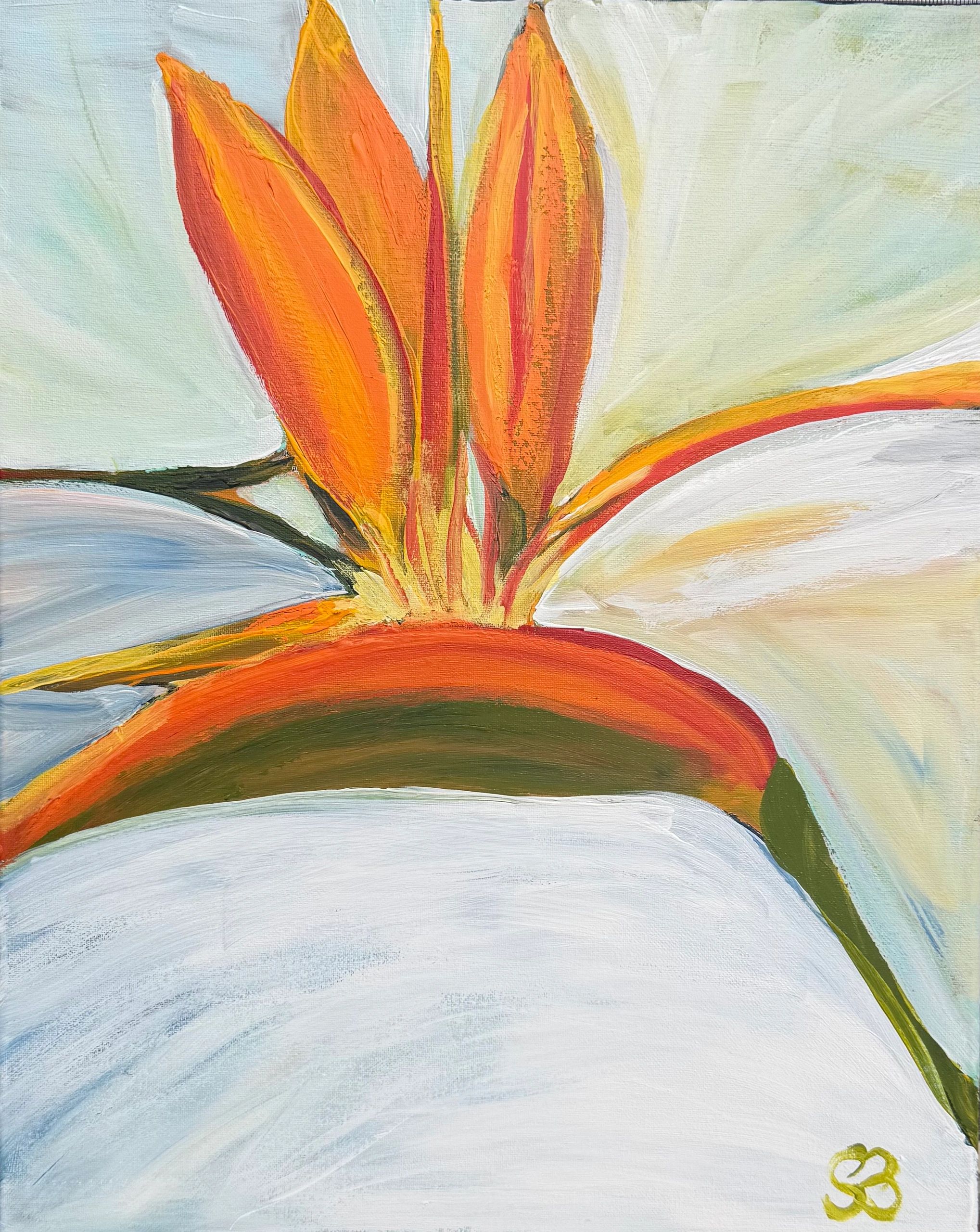 Abstract close-up of a flower with vibrant orange and white petals.