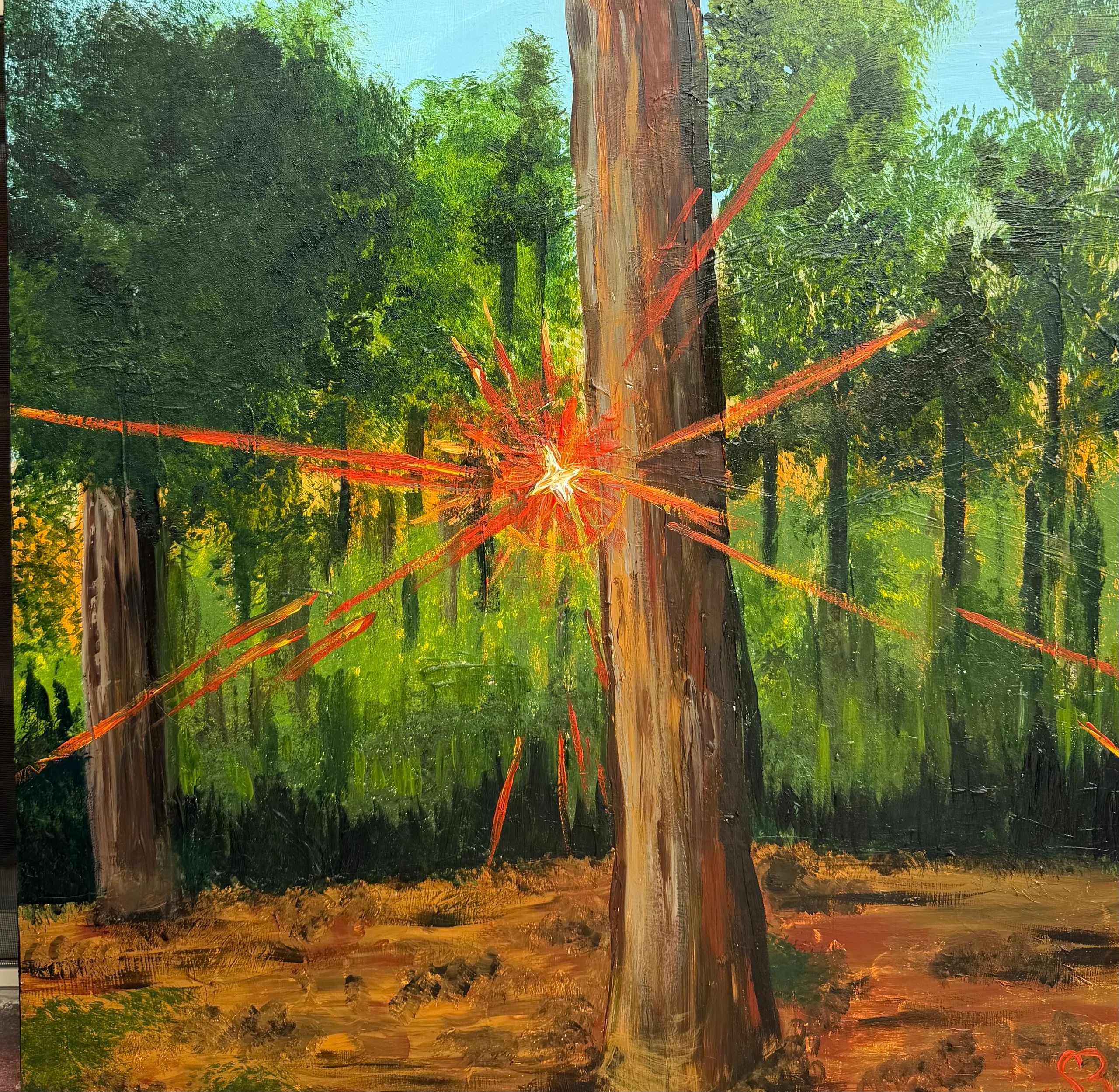 Painting of a forest with a bright red starburst on a tree trunk.