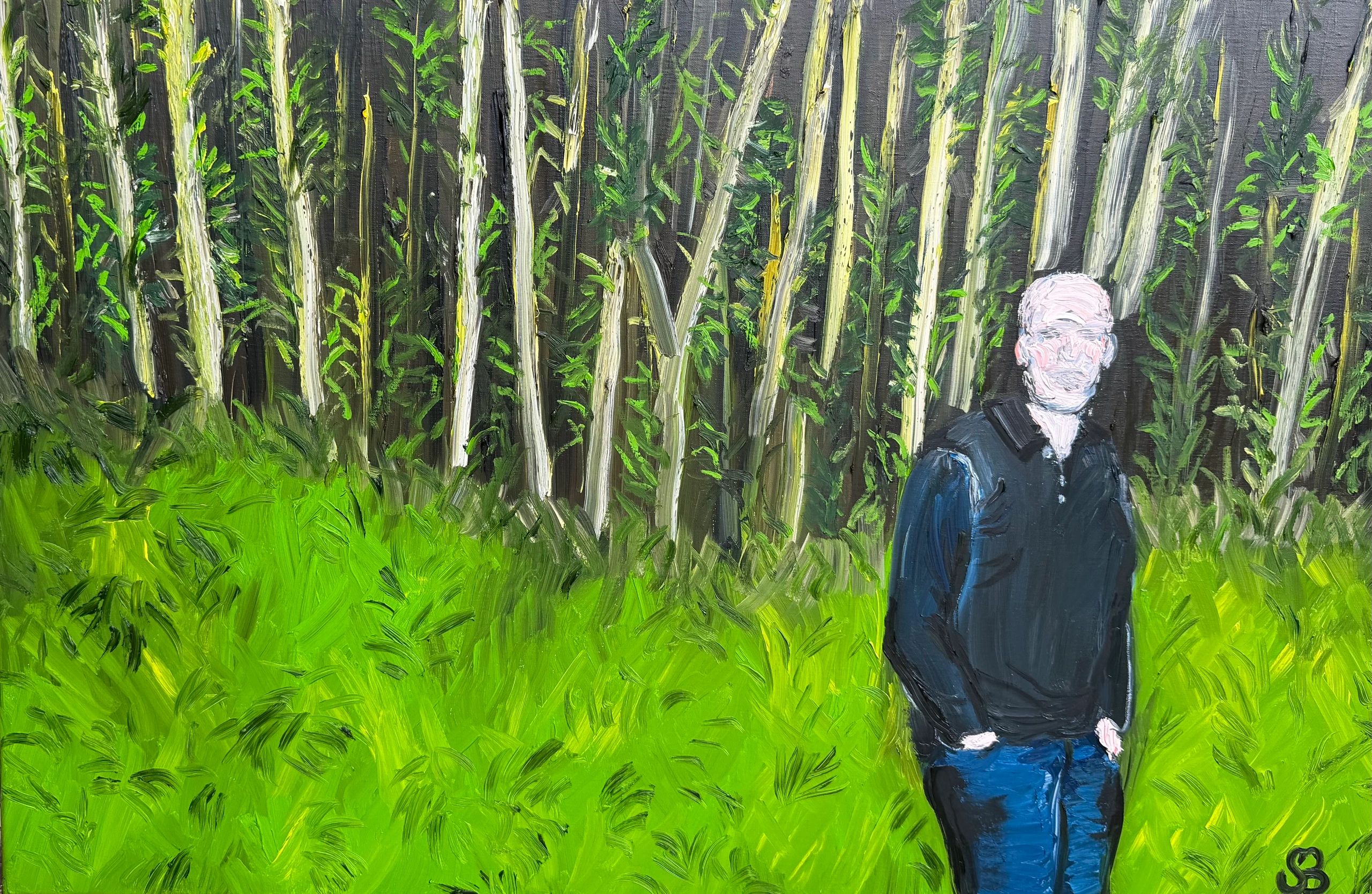 Impressionistic painting of a figure standing in a lush forest with tall trees.