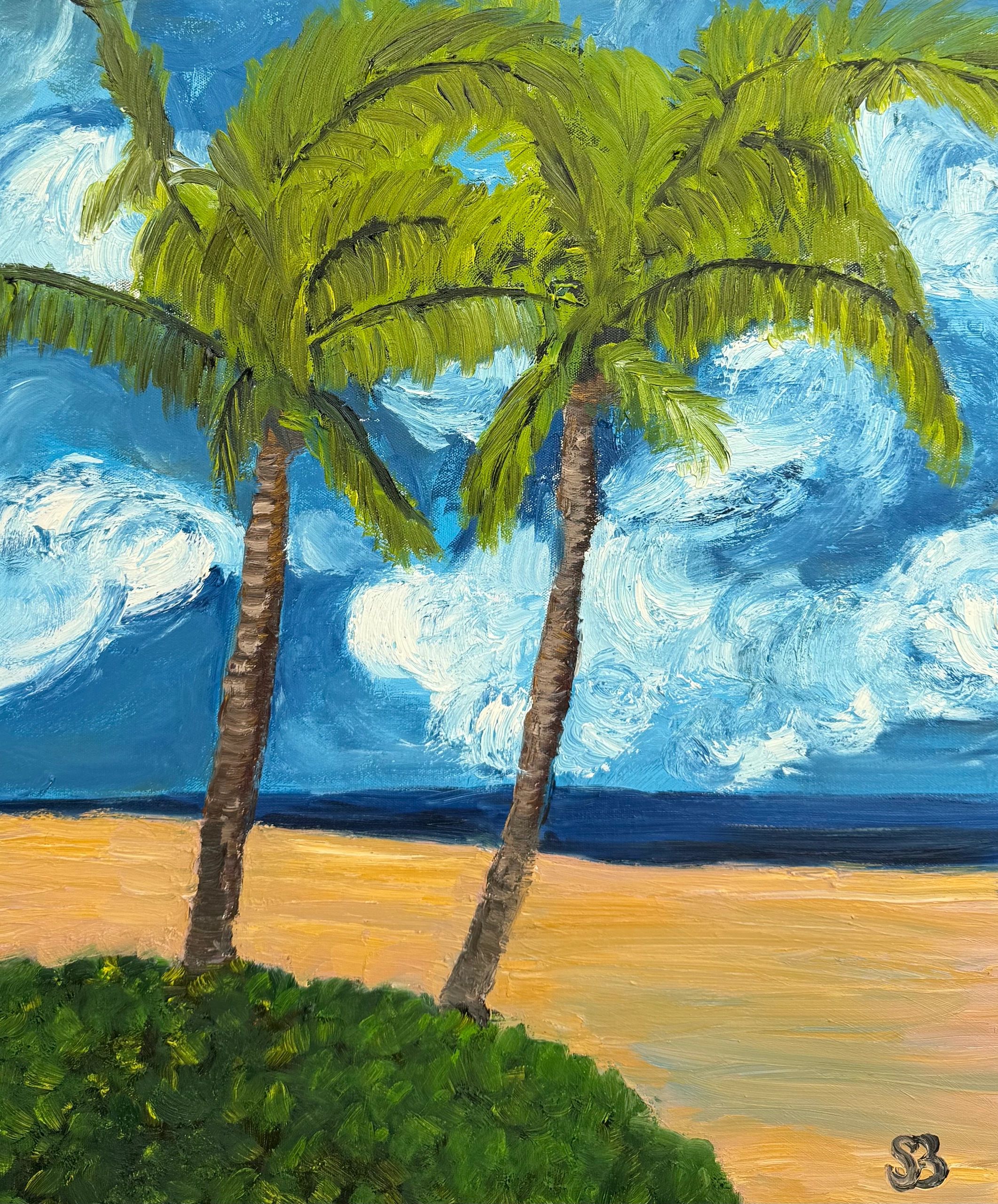Impressionist painting of palm trees by a beach with swirling clouds.