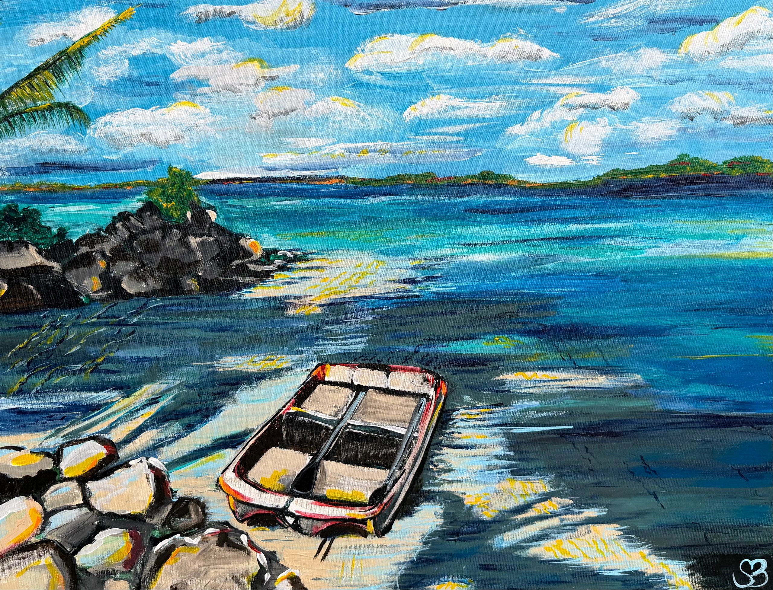 Colorful painting of a boat on a vibrant blue lake with rocky shore and distant greenery.
