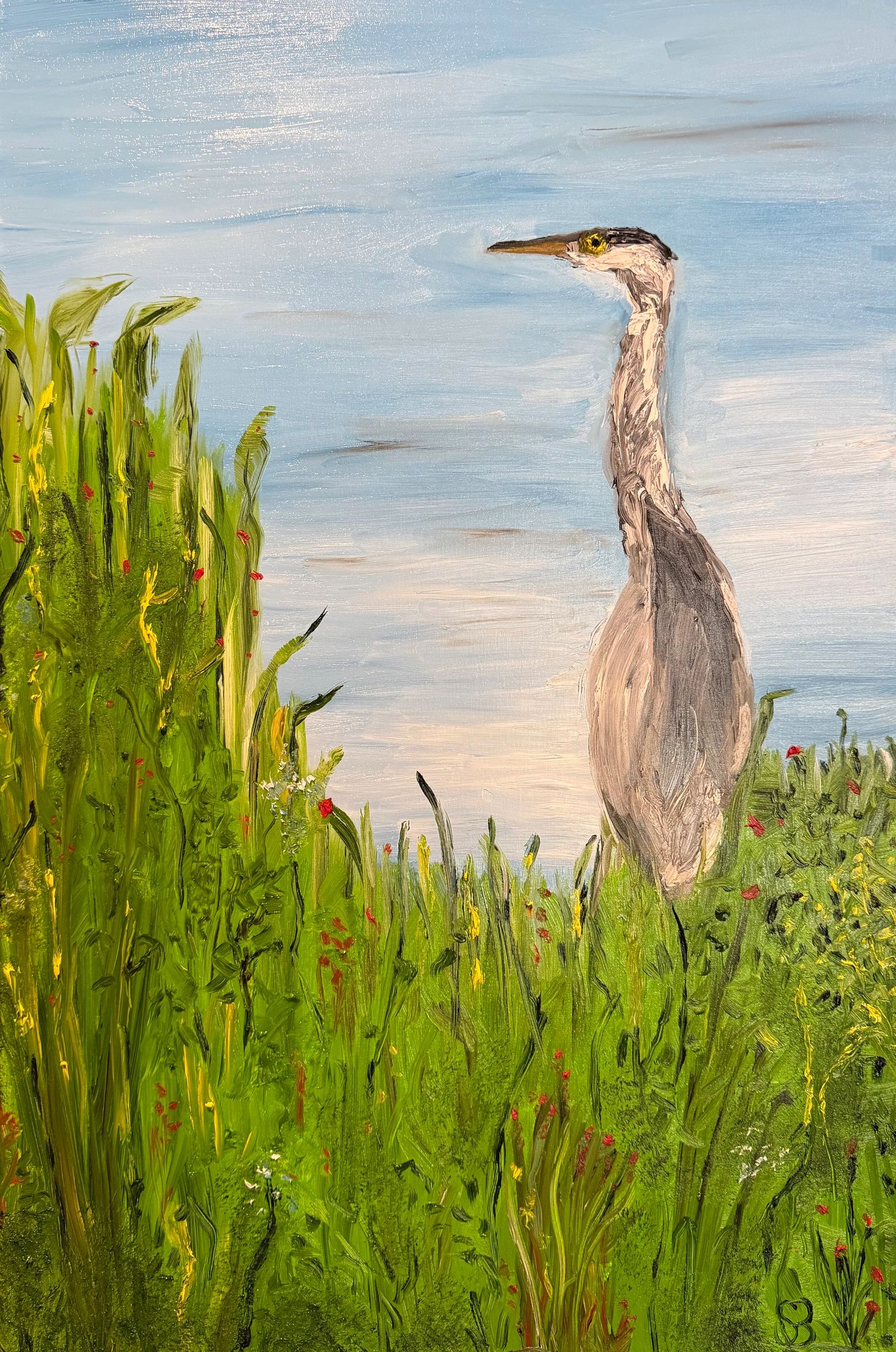 Painting of a heron standing among tall green grass under a blue sky.