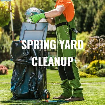 Gardener in green overalls disposing of garden waste into a black trash bin outdoors.