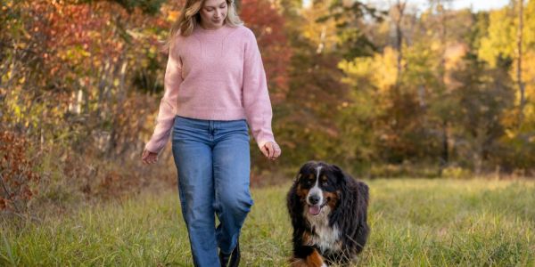 dog walking with lady in the woods