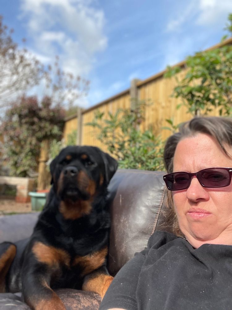 Dog Behaviourist and dog trainer relaxing with a Rottweiler in Partridge green (she loves a Rottie).