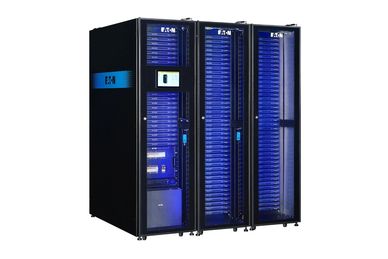 Eaton branded industrial server or data center rack with blue interior lighting.