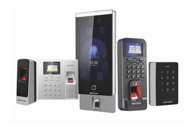 Hikvision biometric and keypad security devices.