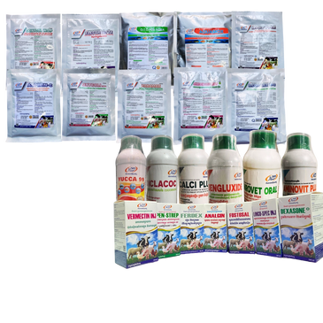 A collection of veterinary medicines and supplements for livestock health.