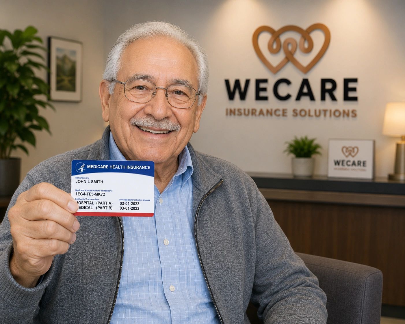 Smiling elderly man holding Medicare health insurance card at WeCare Insurance Solutions office.