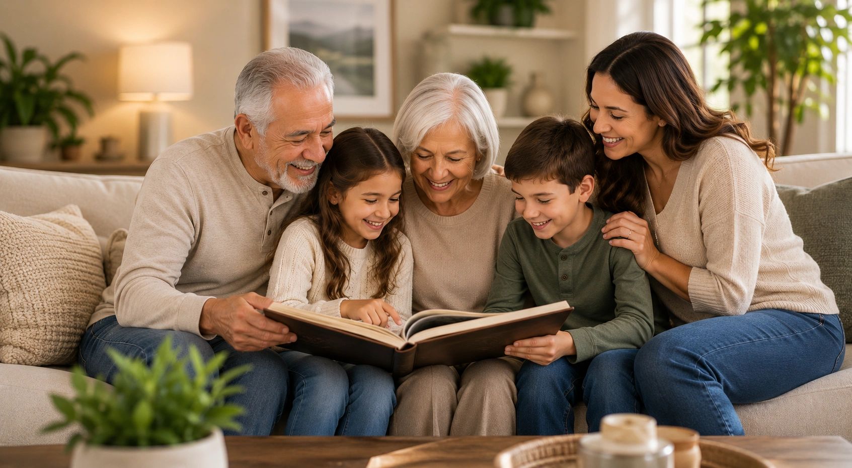A happy family of grandparents, mother, and children reading a book together on the couch.