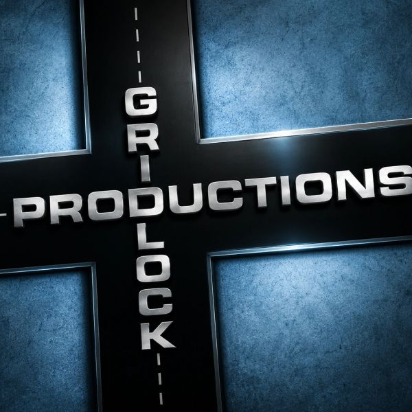 Metallic words 'GRIDLOCK PRODUCTIONS' intersecting on a blue textured background.