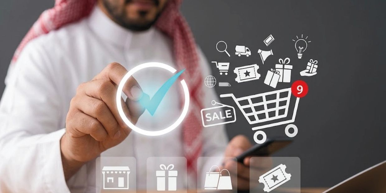 Man using virtual shopping interface with sale and gift icons.