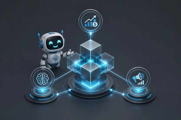 A friendly robot presenting interconnected digital blocks with icons for AI, finance, and marketing.