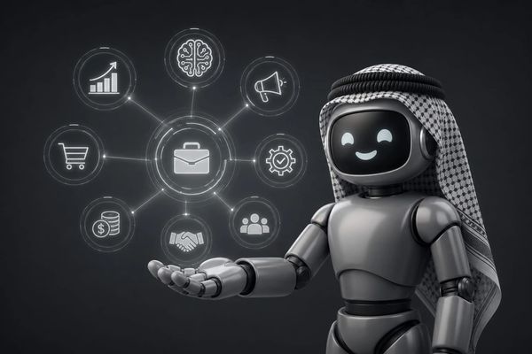 Smiling robot in traditional Middle Eastern attire presenting business icons.