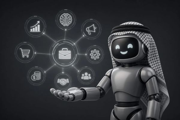 Smiling robot in traditional Middle Eastern attire presenting business icons.