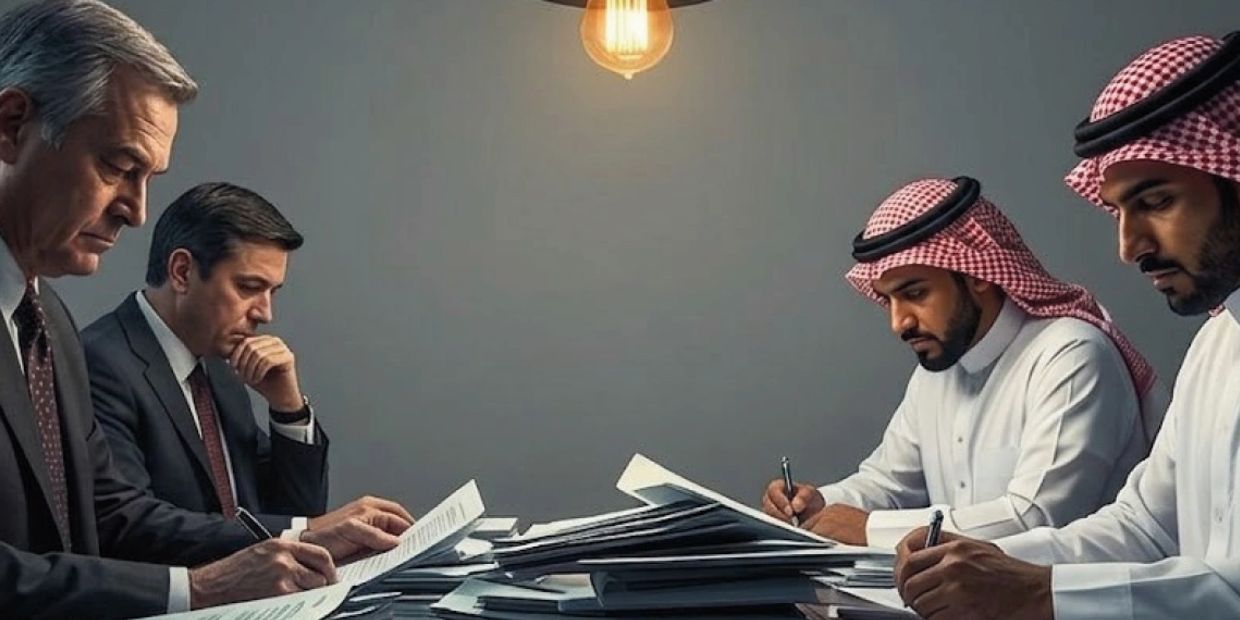 Four men in traditional and business attire reviewing documents at a table under a single hanging light.
