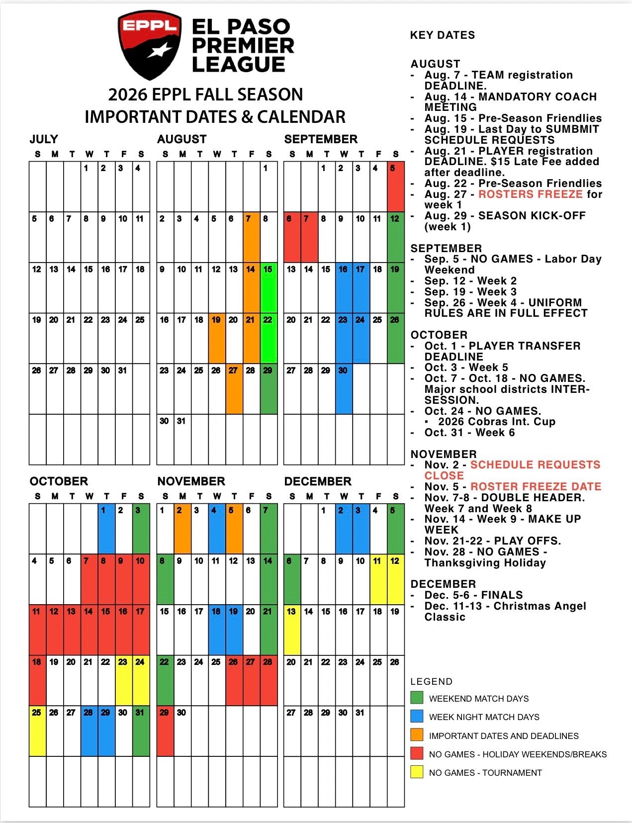2026 EPPL Fall Season schedule with key dates and match days.