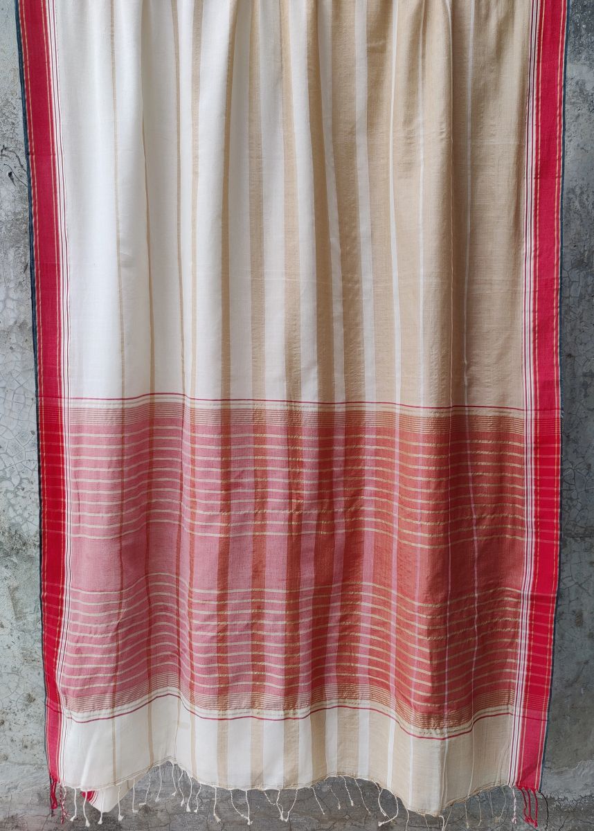 Dhakka Pattern with Cotton by Tussar Striped body with Madder and Gold ...