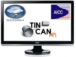 Computer monitor with the logos for SCORM Cloud, AICC and xAPI TinCan