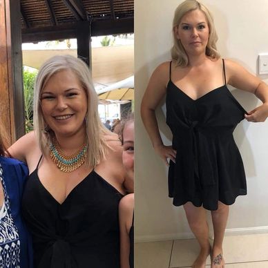Woman in black dress loses weight for wedding
