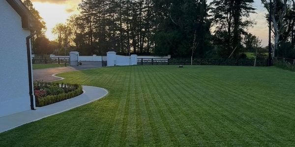 Sunset over a neatly mowed lawn beside a house and trees.