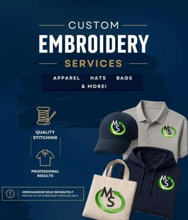 Custom embroidery services for apparel, hats, bags, and more.